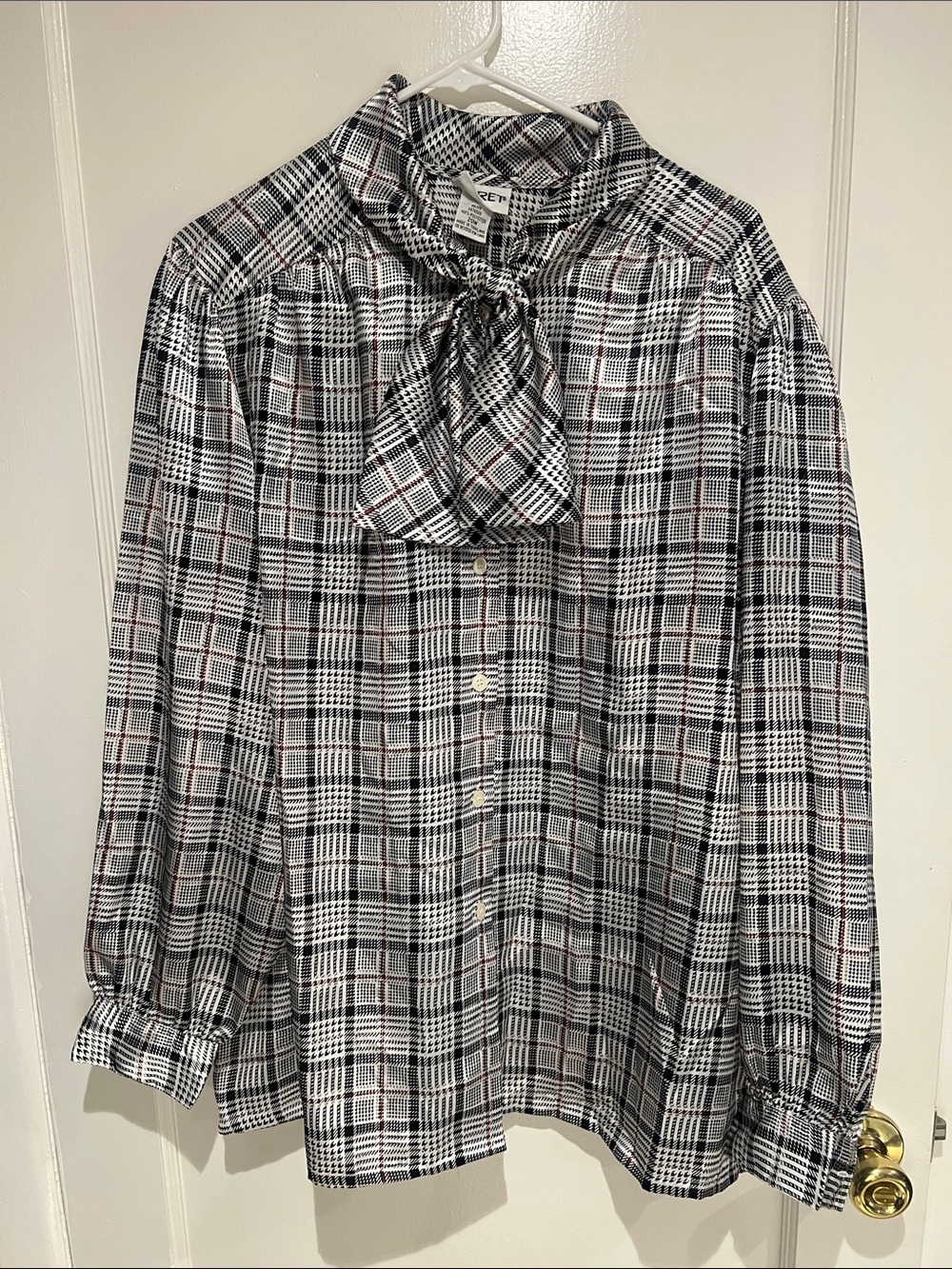 Vintage Koret Black and White Plaid Tie-Neck Button-Down Blouse